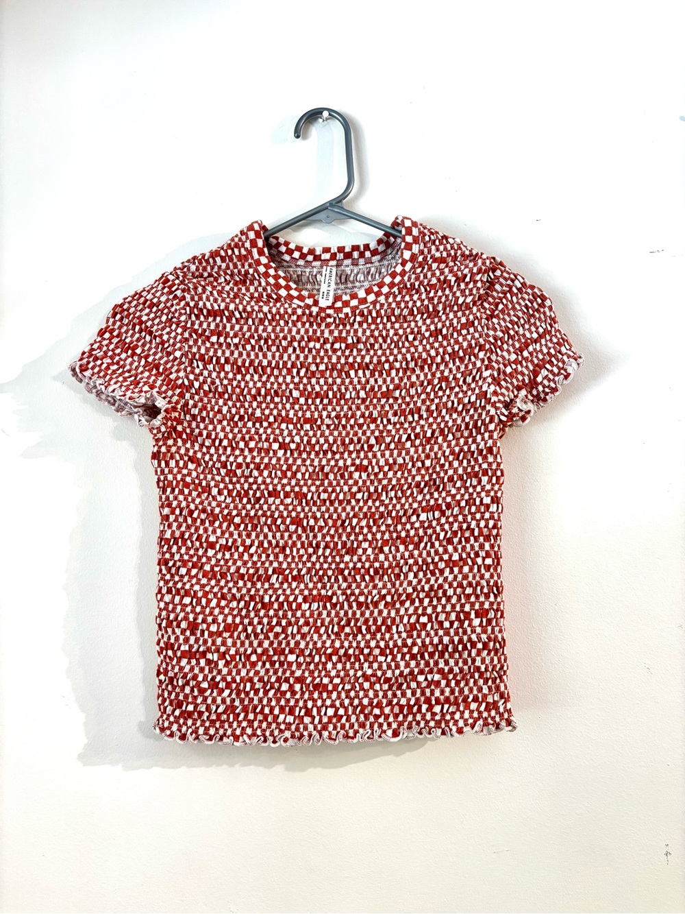 American Eagle Women Rust Checkered Smocked Hey Baby Tee M - Picture 4 of 9